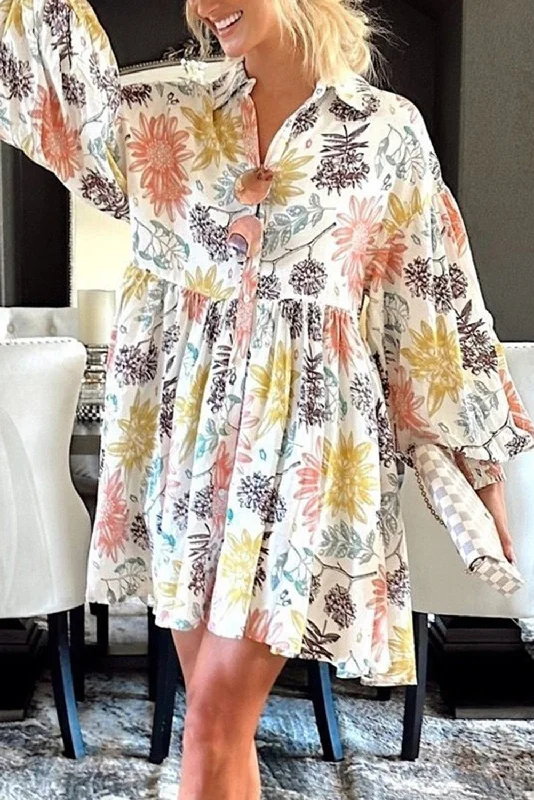 New Discounts Just Dropped!Floral Bubble Sleeve Shirt Dress