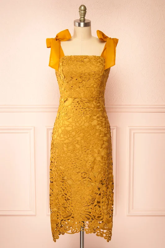 Exclusive Savings This Week!Zelly | Fitted Midi Mustard Crocheted Lace Dress