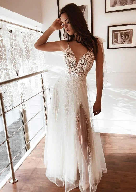 Score Big Savings Today!2021 A line lace V Neck Prom Dress with Split     cg20700