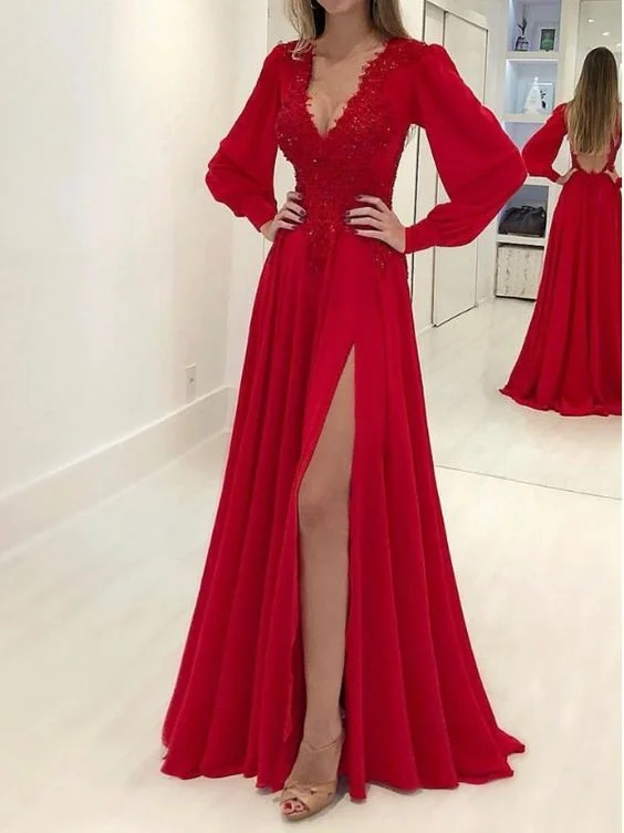 Best Deals Just for You!2021 A-Line Long Sleeves V-neck Long Applique Chiffon Red Prom Dresses cg20652 Best Deals Just for You!2021 A-Line Long Sleeves V-neck Long Applique Chiffon Red Prom Dresses cg20652