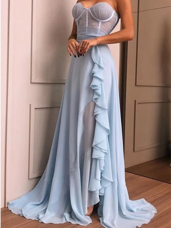 Get the Best for Less!A-line Light Blue Chiffon Popular Modest Formal Long Prom Dresses for Party PD299