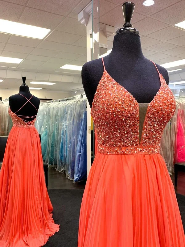 Don’t Wait – Shop Today!A Line V Neck Backless Beaded Orange Chiffon Long Prom Dresses, Orange Formal Evening Dresses cg20619 Don’t Wait – Shop Today!A Line V Neck Backless Beaded Orange Chiffon Long Prom Dresses, Orange Formal Evening Dresses cg20619