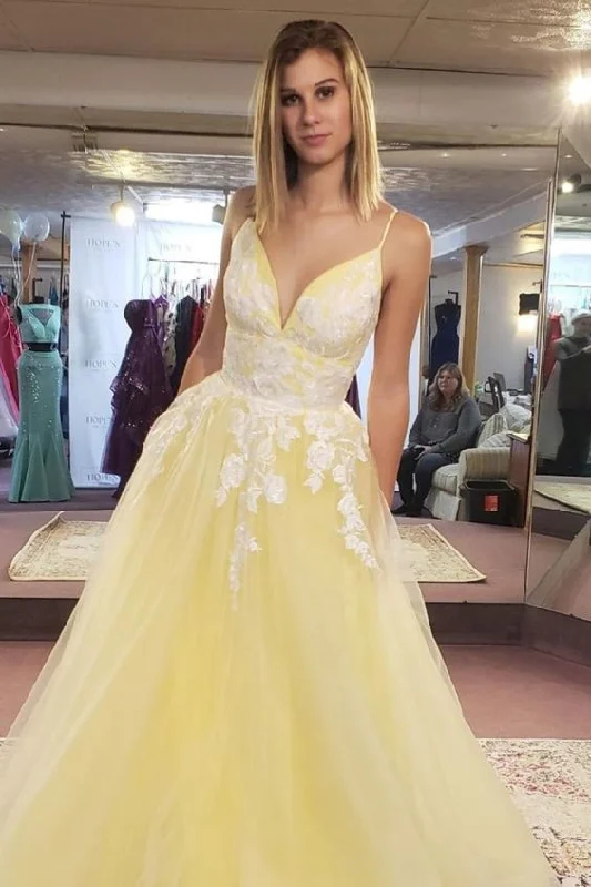 Don’t Wait – Shop Today!A-line yellow and white lace long prom dress with straps cg20647 Don’t Wait – Shop Today!A-line yellow and white lace long prom dress with straps cg20647