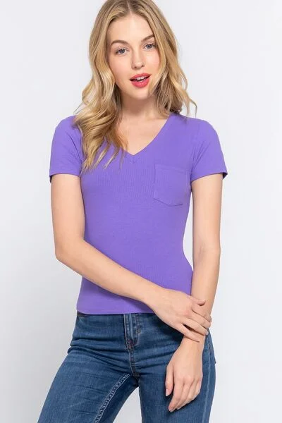 Limited Stock Available!ACTIVE BASIC V-Neck Ribbed Short Sleeve Knit T-Shirt