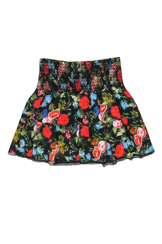 Your Shopping Wish, Our Discount Command!Alice & Olivia - Black Mutlicolor Floral Print "Buffy Smocked Miniskirt" Sz M Your Shopping Wish, Our Discount Command!Alice & Olivia - Black Mutlicolor Floral Print "Buffy Smocked Miniskirt" Sz M