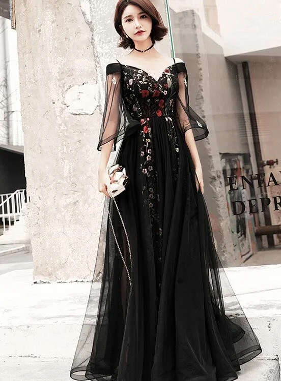 Buy More, Save More!Black Floral Off Shoulder Floor Length Party Dress, Black Tulle Prom Dress Formal Dress cg20634 Buy More, Save More!Black Floral Off Shoulder Floor Length Party Dress, Black Tulle Prom Dress Formal Dress cg20634