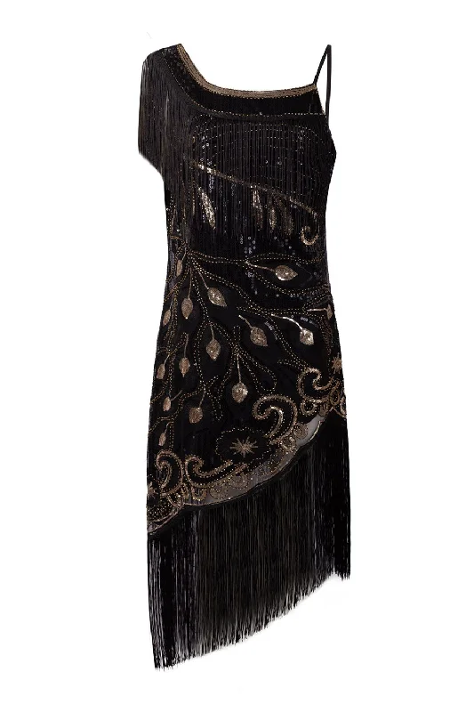 Shop Before It’s Gone!Black One Shoulder 1920s Dress with Fringes