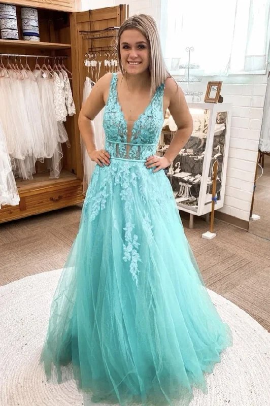 Bigger Savings, Better Shopping!Blue v neck lace long A line prom dress blue evening dress     cg20616