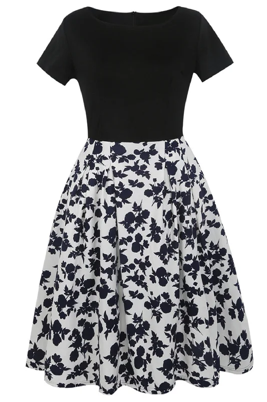Unbeatable Prices!Boat Neck Printed Black 1950s Dress with Short Sleeves
