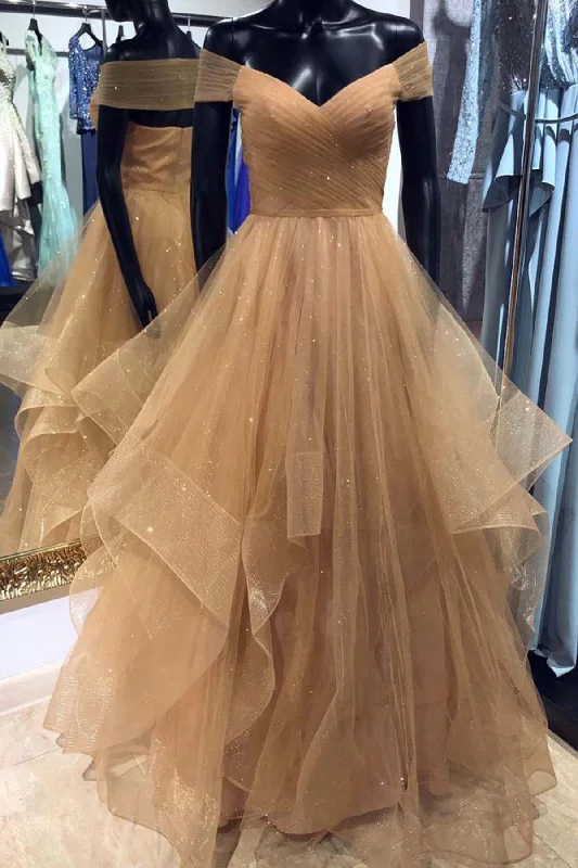 Score Huge Discounts Today!Brown Tulle Off-the-shoulder Prom Dress with Layered Skirt Score Huge Discounts Today!Brown Tulle Off-the-shoulder Prom Dress with Layered Skirt