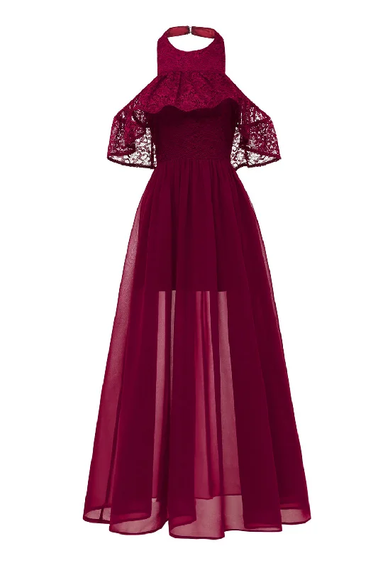 Unlock Huge Savings Now!Burgundy Halter Tulle Vintage Dress With Lace