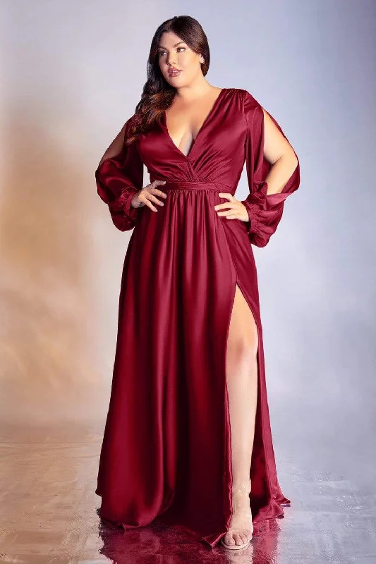 Biggest Sale of the Season!Cinderella Divine - Split Long Sleeve Sleek A-Line Gown 7475C