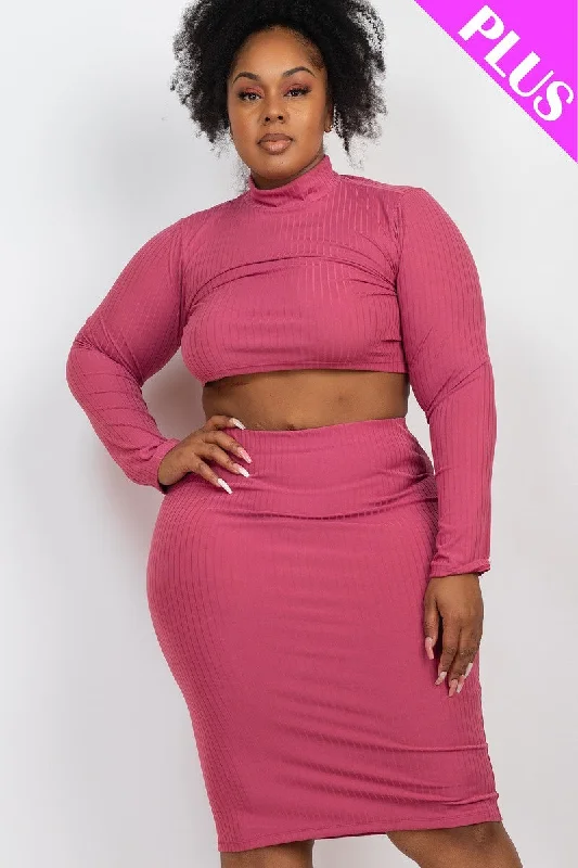 Your Favorite Sale is Back!Plus Size Ribbed Mock Neck Crop Top & Midi Skirt Set