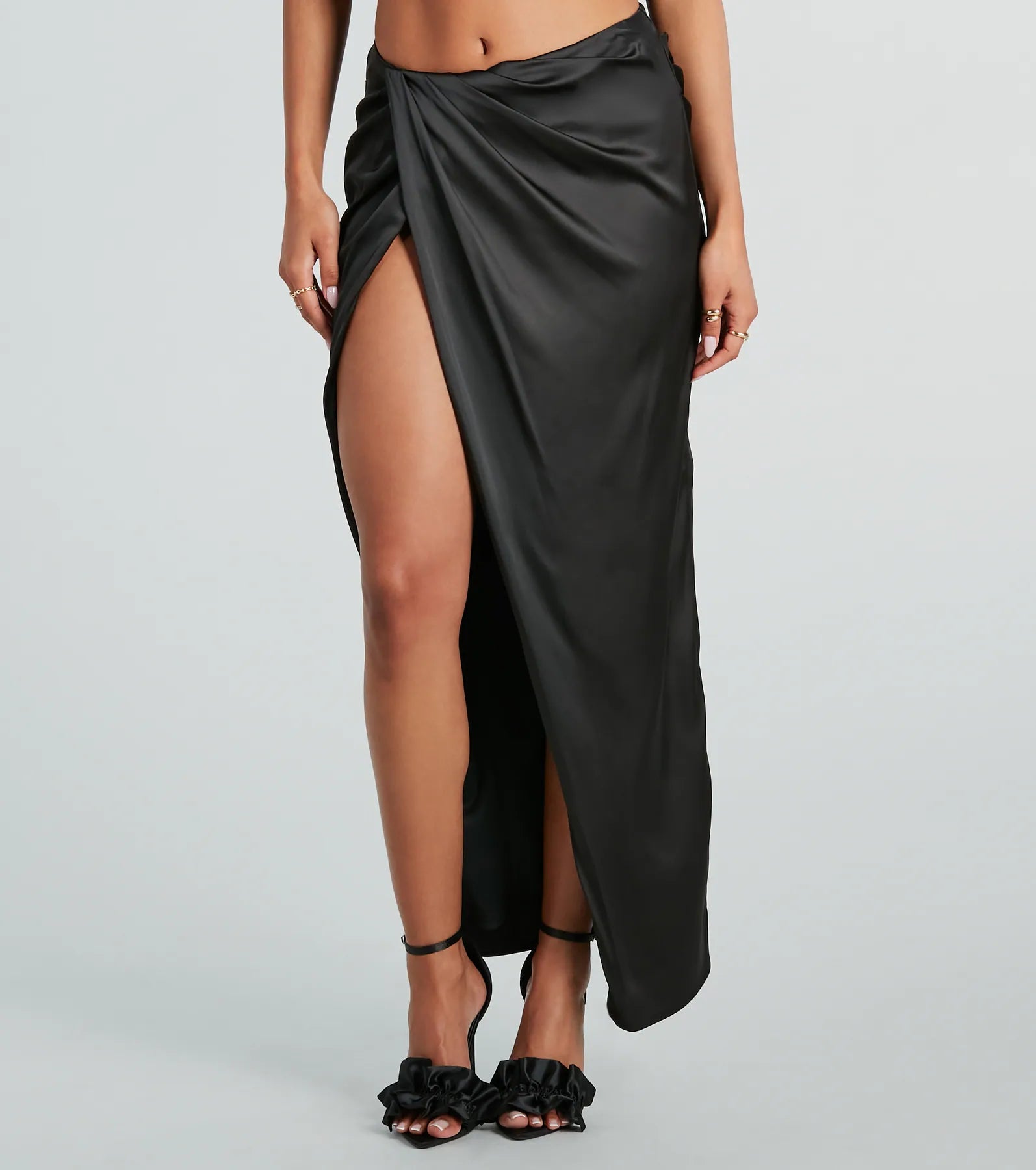 Save More When You Shop More!Gorgeous Impression High Slit Satin Midi Skirt