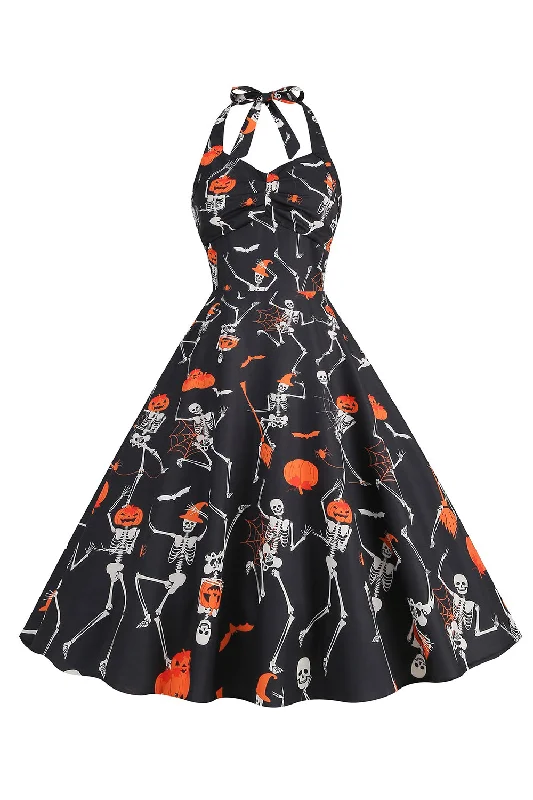 Exclusive Offers You’ll Love!Halloween Black Halter Pumpkin Printed 1950s Dress