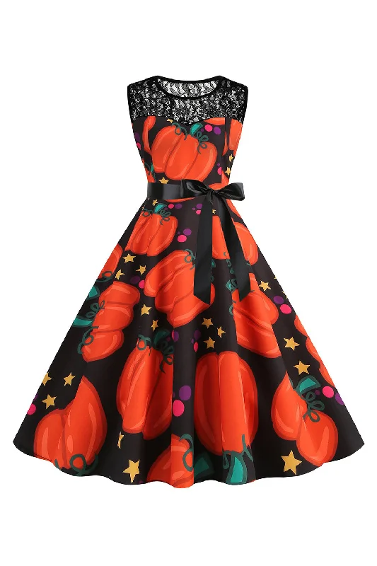Don’t Wait – Shop Today!Halloween Pumpkin Printed Orange Vintage Dress