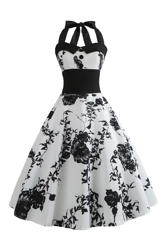 Your Discount is Waiting!Halter Printed White 1950s Dress with Button