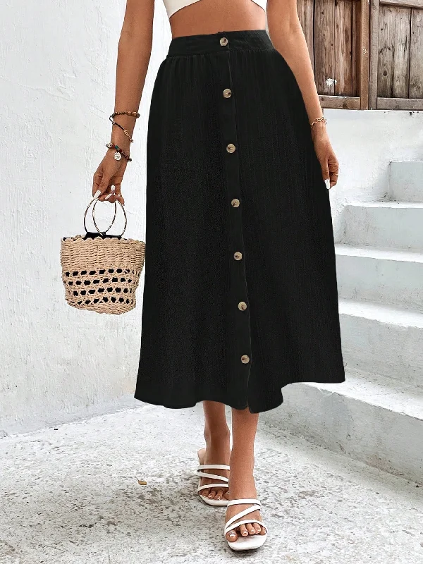 Incredible Savings Inside!Amy Fashion - High Waist Button Detail Plisse A-line Skirt Incredible Savings Inside!Amy Fashion - High Waist Button Detail Plisse A-line Skirt