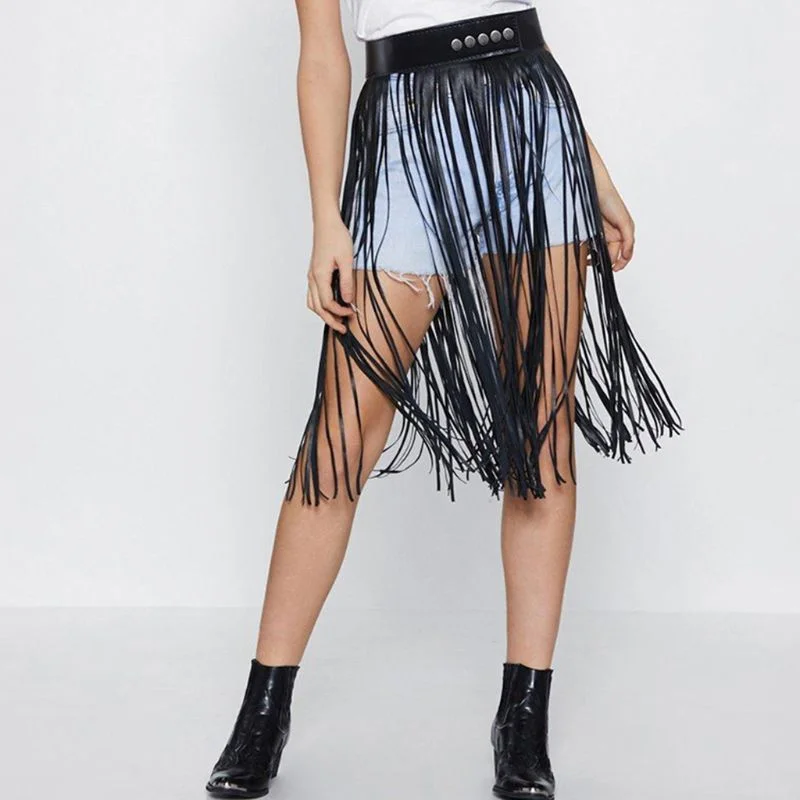 Buy One, Get One Free!Amy Fashion - High Waist Faux Leather Fringe Tassels Skirt