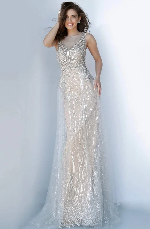 Get More for Less!Jovani - Trailing Adorned Bateau Sheath Dress 2352SC - 1 pc Silver/Nude In Size 4 Available Get More for Less!Jovani - Trailing Adorned Bateau Sheath Dress 2352SC - 1 pc Silver/Nude In Size 4 Available