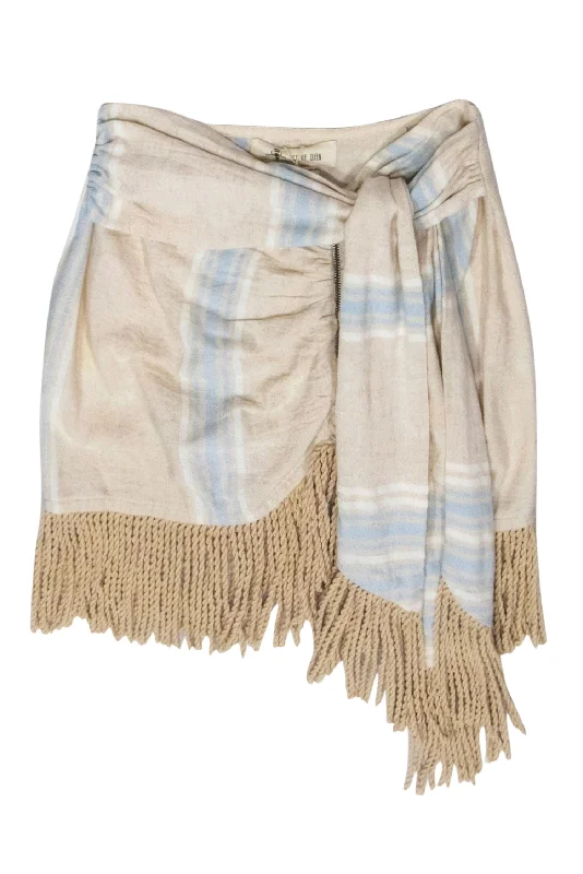 Only a Few Left – Order Now!Just Be Queen - Baby Blue Stripe Faux Wrap Mini Skirt w/ Fringe Hem Sz M