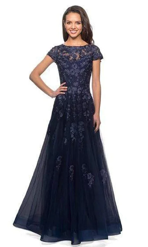 The Best Deals Won’t Wait!La Femme - Short Sleeves Lace Tulle Evening Gown 26907SC - 1 pc Navy In Size 16 Available