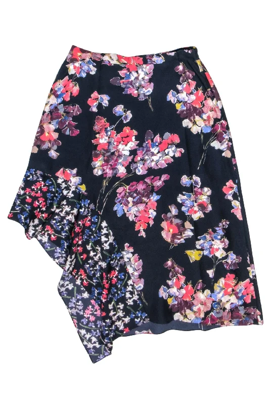 Don’t Wait – Deals Won’t Last!Lewit - Navy w/ Multicolor Floral Print Silk Asymmetrical Midi Skirt Sz 14