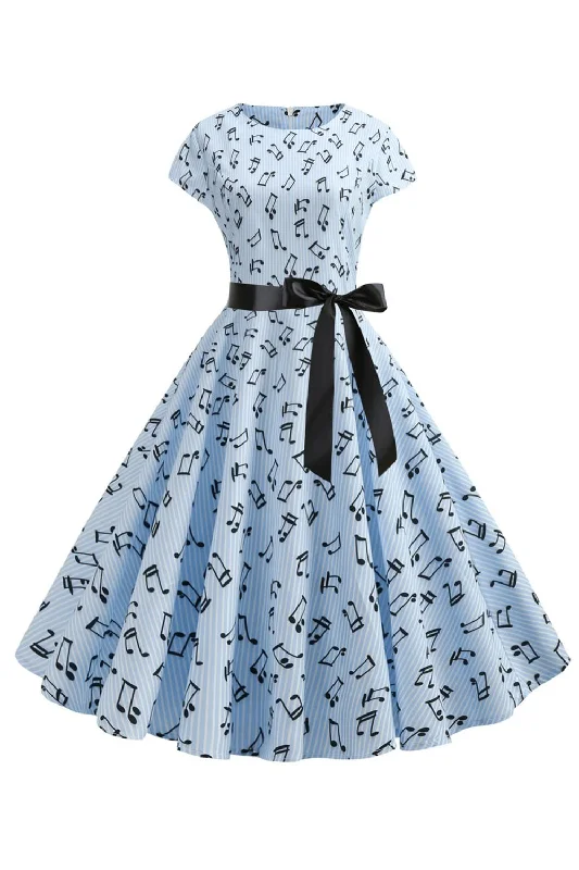 Limited-Time Price Drop!Light Blue Printed Cap Sleeves 1950s Dress