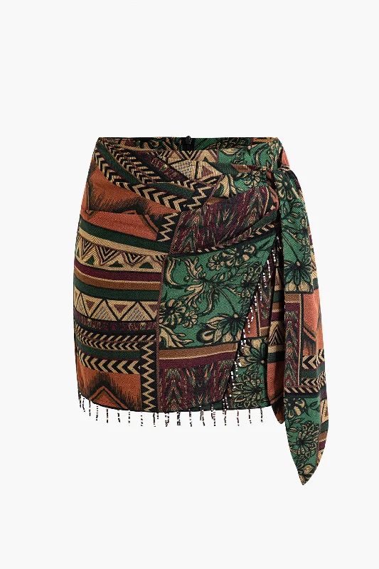 Amazing Prices You Can’t Resist!Ethnic Pattern Beaded Fringe Mini Skirt