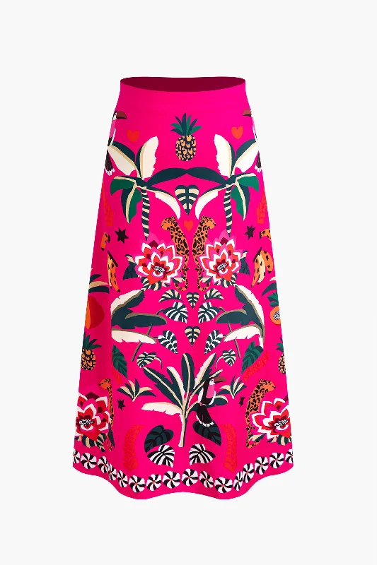One Click Away from Big Savings!Tropical Print A-Line Midi Skirt