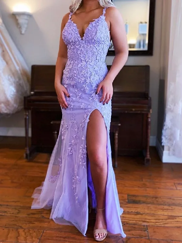 Your Best Deals Are Here!Mermaid V Neck Purple Lace Long Prom Dresses    cg20618