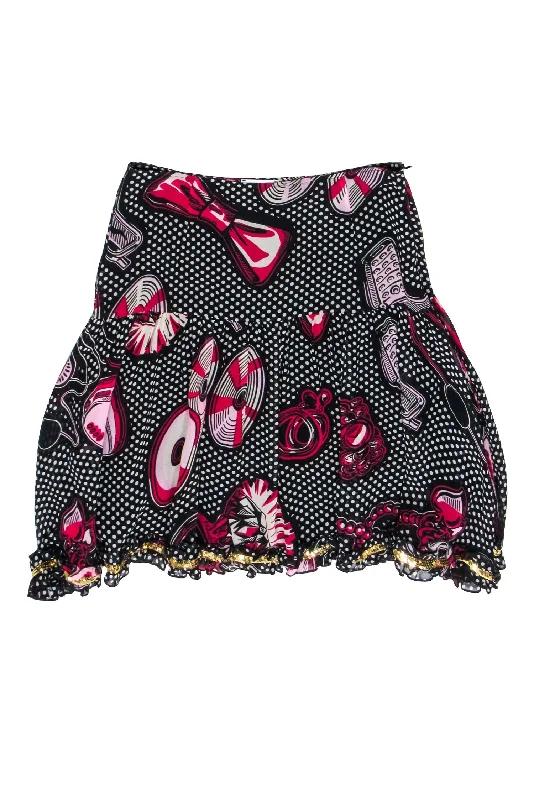 Price Drop Alert!Moschino Jeans - Black. White, & Pink Retro Feminine Print Silk Skirt Sz 8