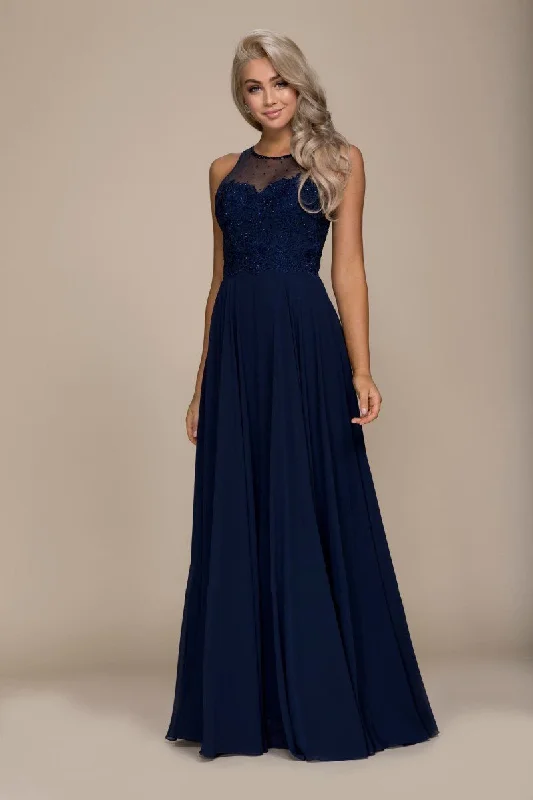 Exclusive Deals Just for You!Nox Anabel Jeweled Lace Bodice Chiffon A-Line Evening Dress - 1 pc Navy Blue In Size L Available