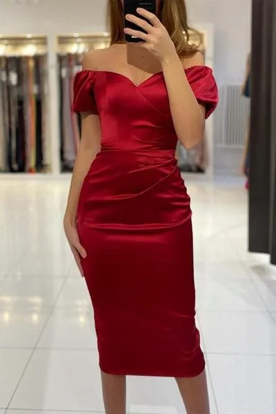 Buy More, Pay Less!Off the Shoulder Mermaid Tea Length Burgundy Prom Dress    cg20624