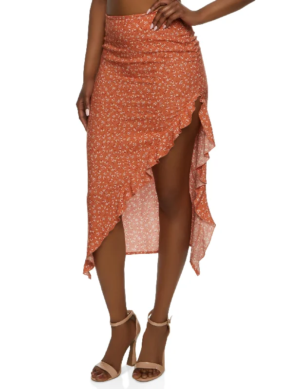More Discounts, More Joy!Floral Print Asymmetrical Ruffled Hem Skirt