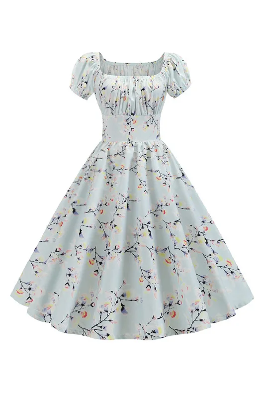 Buy More, Pay Less!Puff Sleeves Printed Light Blue Vintage Dress