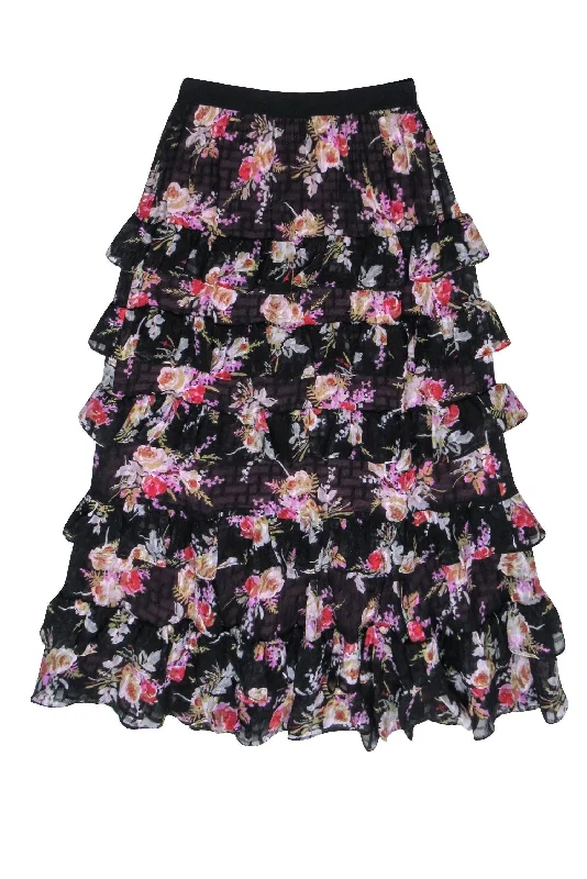 Savings You Can’t Ignore!Rebecca Taylor - Black w/ Multicolor Floral Tiered Ruffle Midi Skirt Sz XS
