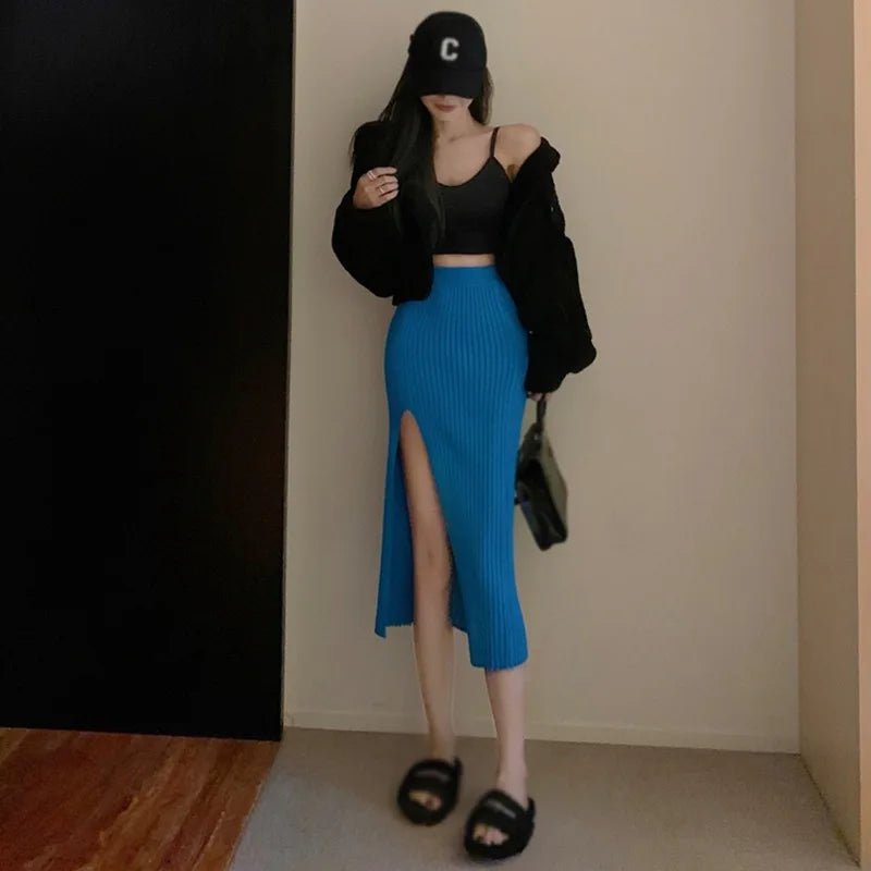 Score Big Savings Today!Sexy Split Slim-Fit Slimming Knitted Elegant Solid Color High Waist Elastic All-Match Simple Skirt