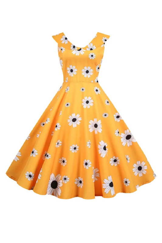 Only a Few Left – Order Now!Sleeveless Printed Yellow 1950s Dress