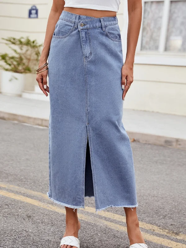 Upgrade for Less!Slit Asymmetrical Waist Denim Skirt