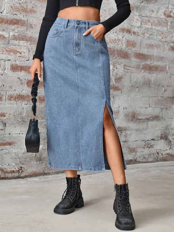 Enjoy Huge Discounts Now!Slit High Waist Denim Skirt with Pockets