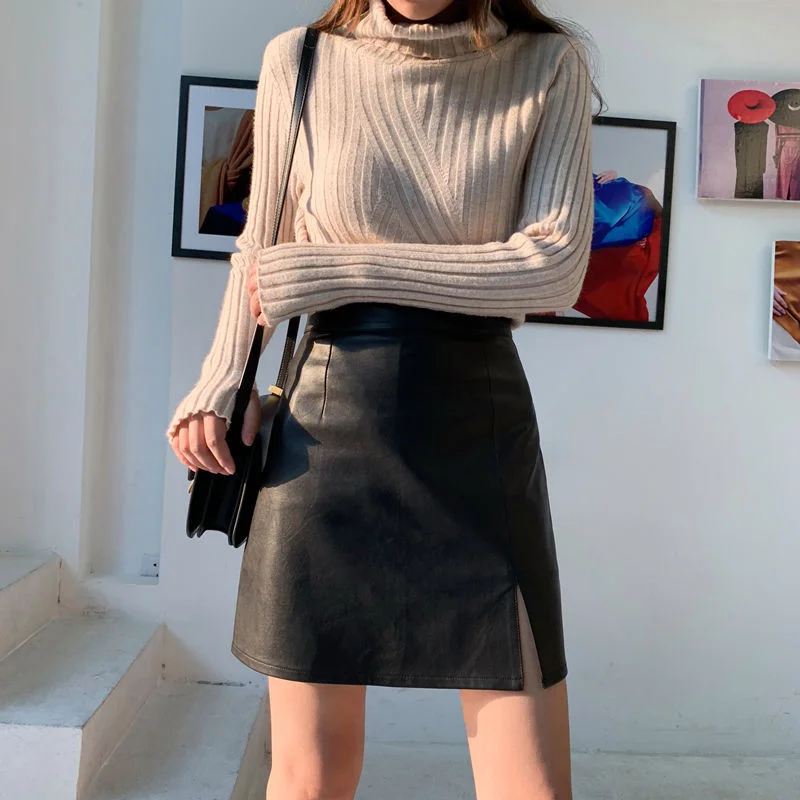 Shop the Hottest Deals!Amy Fashion - New A- line Slit Leather Skirt
