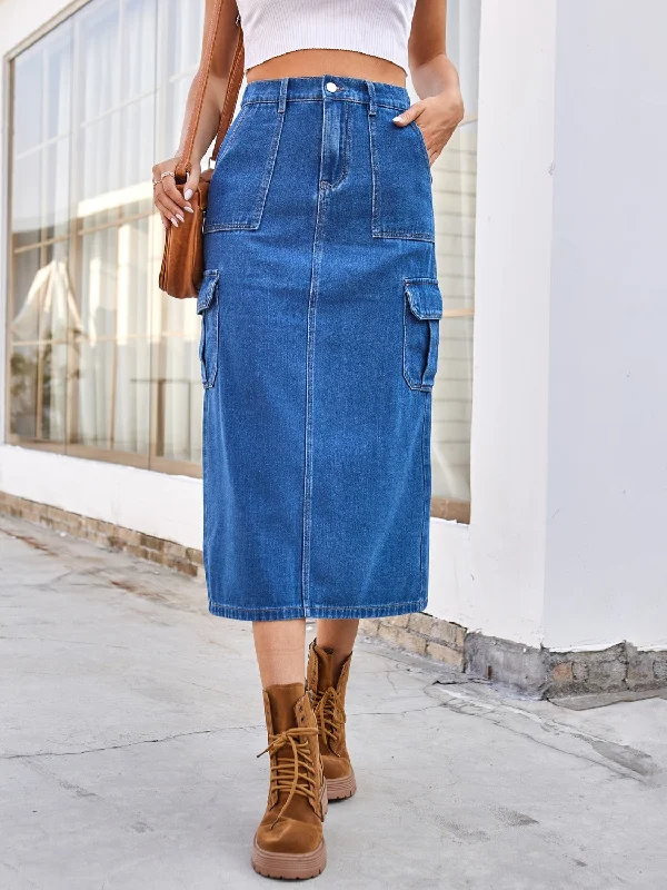 Shop Today, Save Tomorrow!Slit Midi Denim Skirt with Pockets