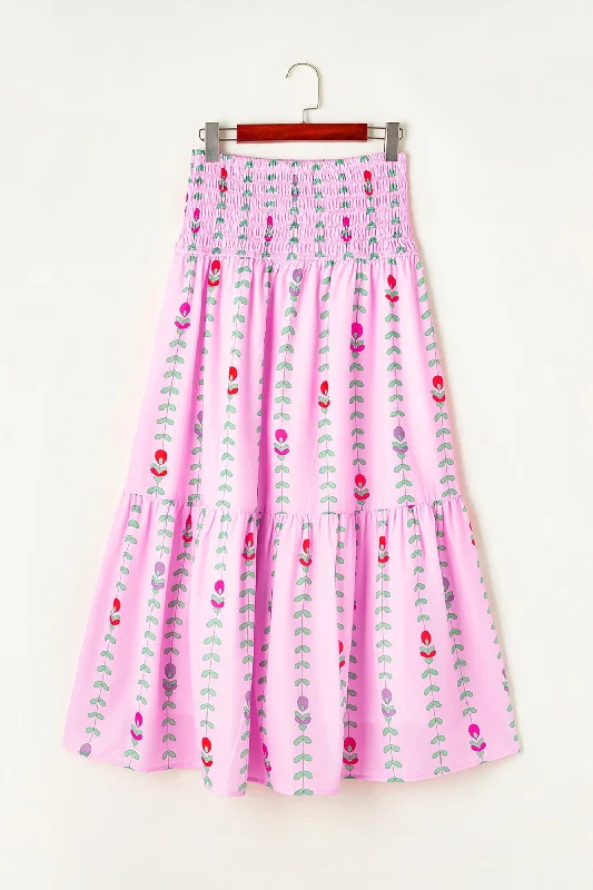 Save Like Never Before!Smocked Printed High Waist Skirt