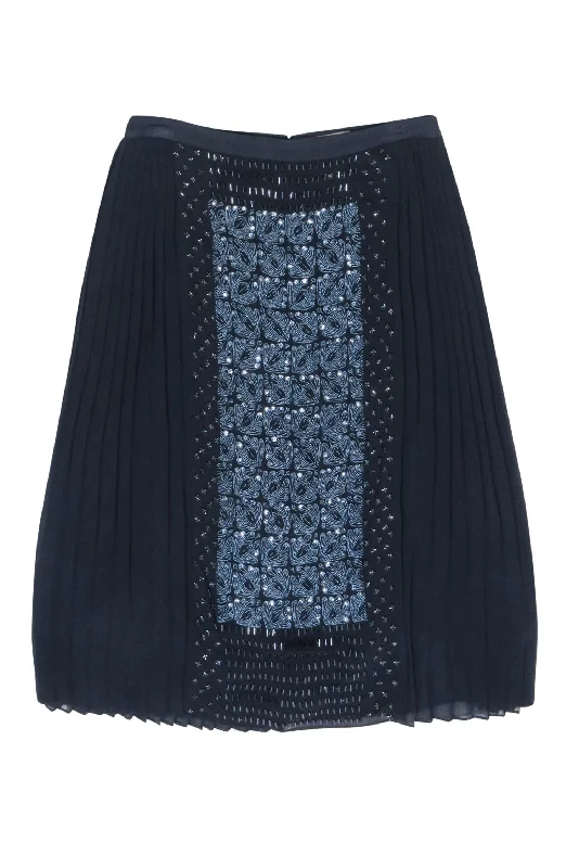 Save More Than Ever!Tory Burch - Navy Silk Pleated Beaded Front Skirt Sz 6