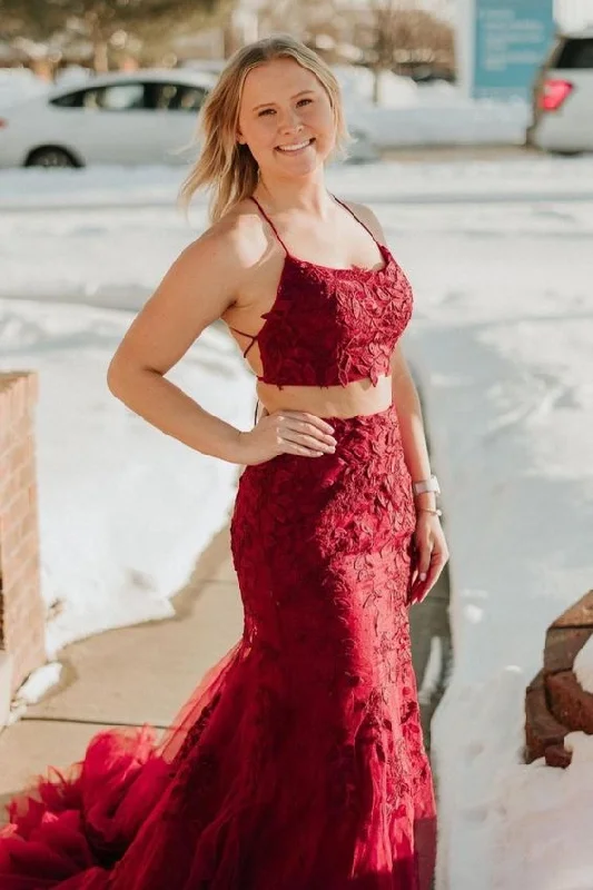 Limited Edition, Limited Price!two piece burgundy lace appliqued long prom dress with spaghetti straps top cg20662 Limited Edition, Limited Price!two piece burgundy lace appliqued long prom dress with spaghetti straps top cg20662