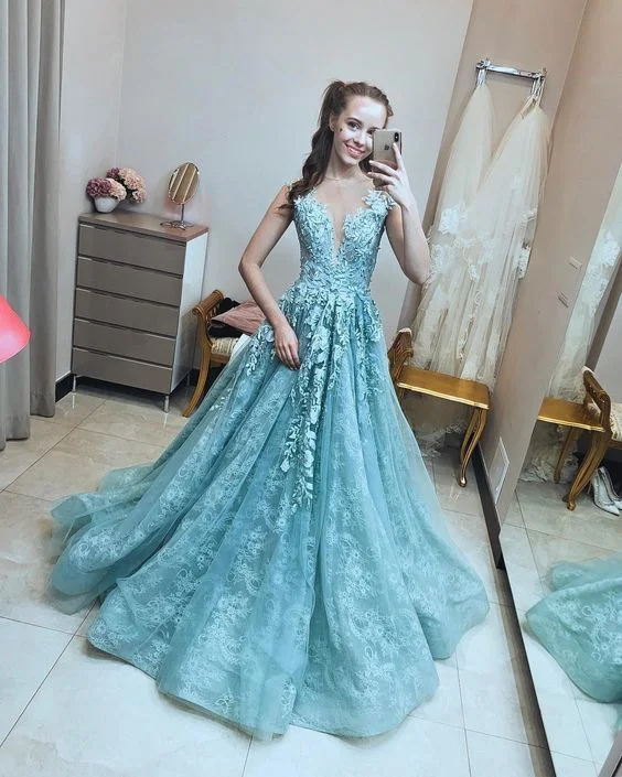 Best Deals Just for You!V Neck Blue Lace Prom Dress , Charming Prom Dress    cg20578