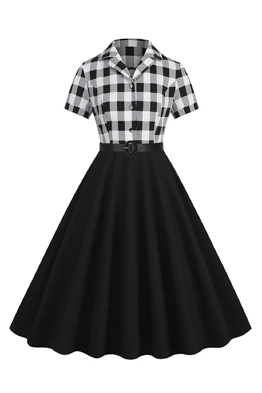 Save More with Every Purchase!V-Neck Short Sleeves Plaid Black 1950s Dress with Belt Save More with Every Purchase!V-Neck Short Sleeves Plaid Black 1950s Dress with Belt