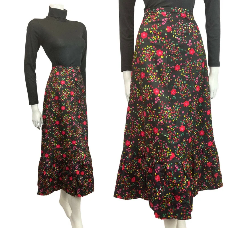 Limited Deals, Unlimited Savings!VINTAGE 60s 70s BLACK RED PINK GREEN FLORAL DAISY MOD BOHO MAXI SKIRT 8