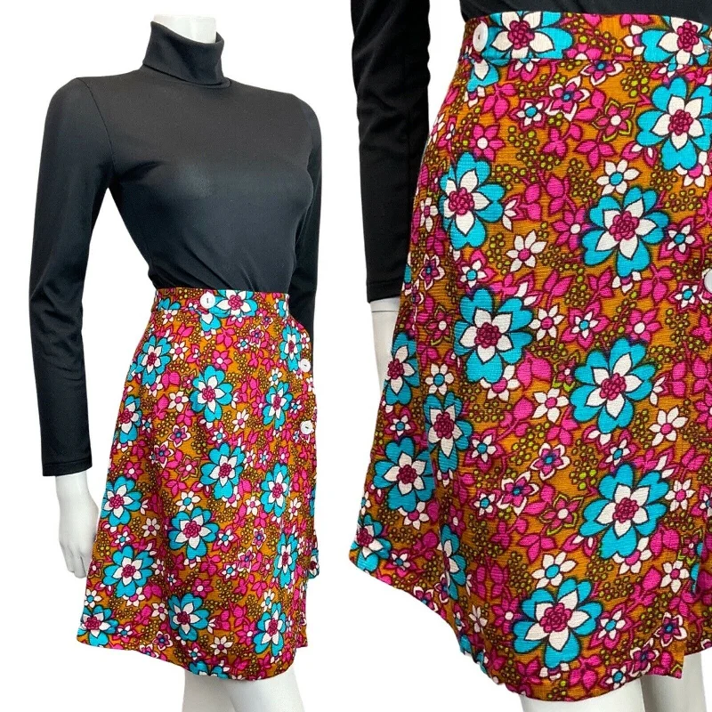 Limited Edition, Limited Price!VINTAGE 60s 70s BROWN PINK BLUE FLORAL DAISY PSYCHEDELIC MOD WRAP SHORT SKIRT 8